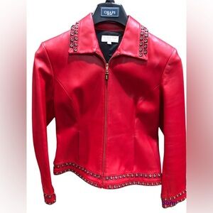 HP🎉 St John Sport by Marie Grey 100% Red Leather Grommet Full Zip Jacket Sz P
